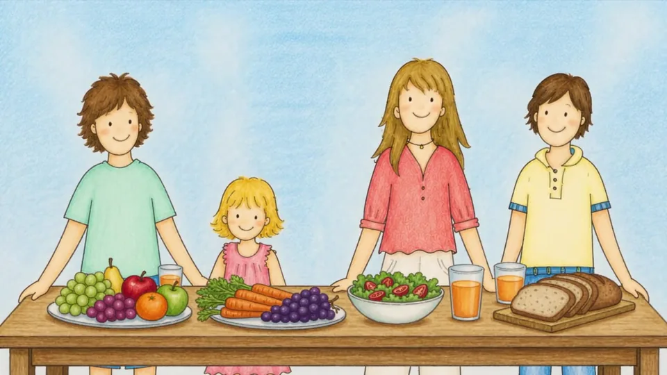 La familia del libro con la mesa llena de fruta, verdura, ensalada y pan