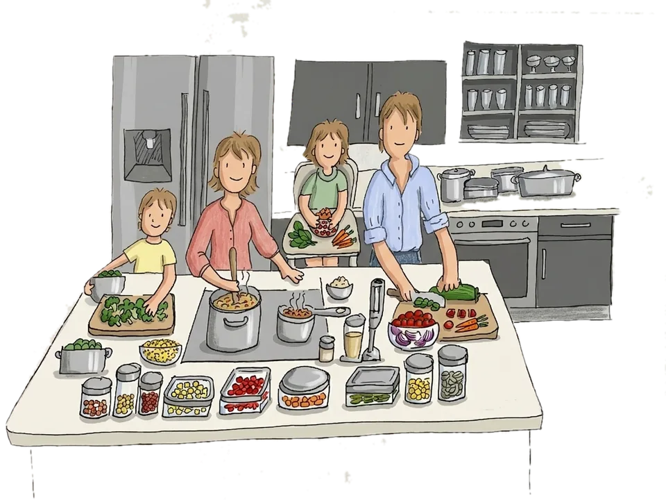 Ilustración del libro: una familia cocina junta en la isla de la cocina, con tuppers, ollas y verduras preparadas