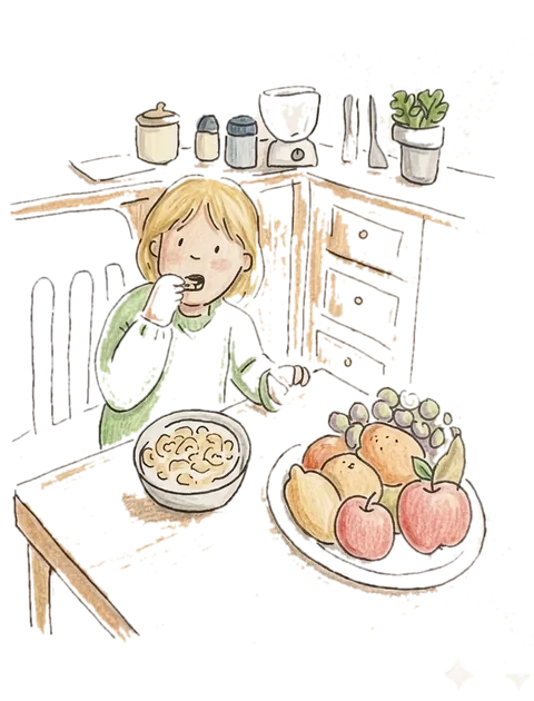 Ilustración de una niña merendando fruta en la cocina