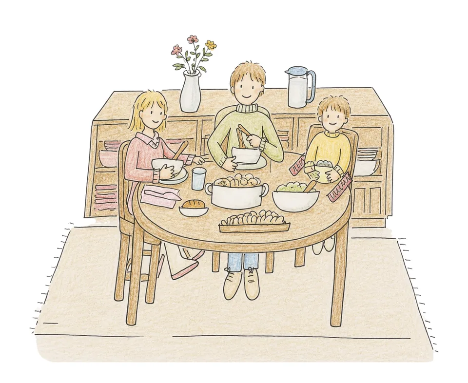 Ilustración de una familia cenando junta en invierno