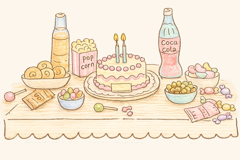 Mesa de cumpleaños ilustrada con tarta, palomitas, refresco y chucherías