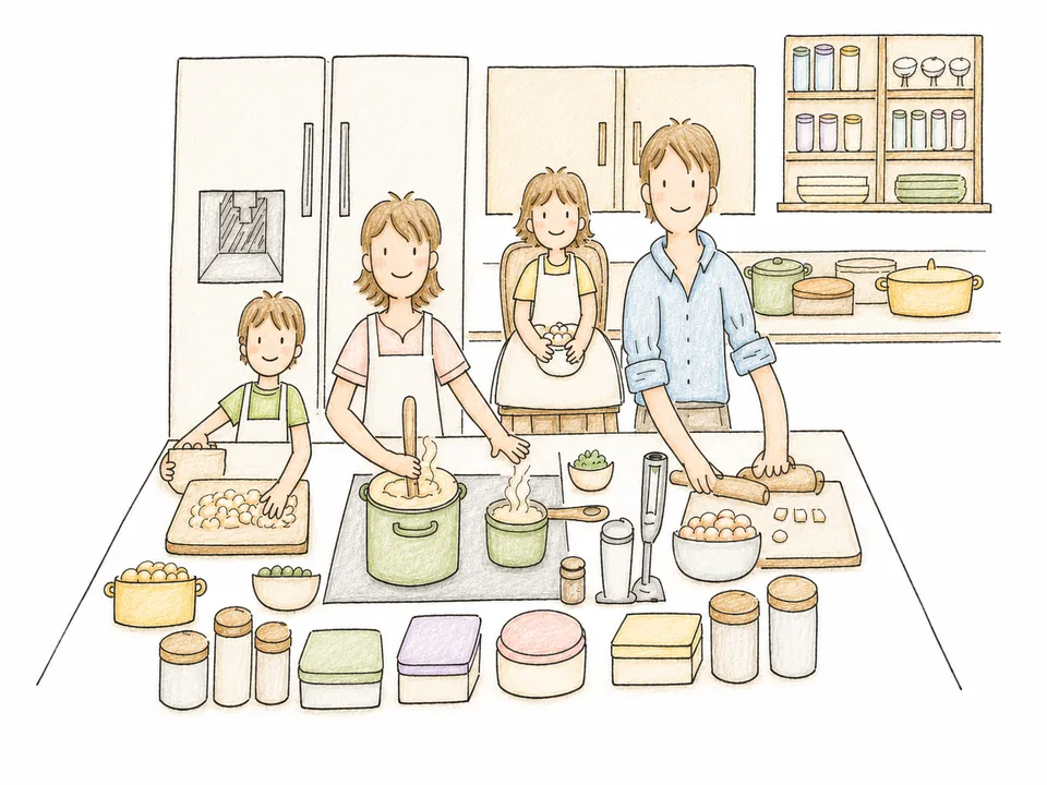 Ilustración a lápiz de una familia cocinando en tandas para toda la semana