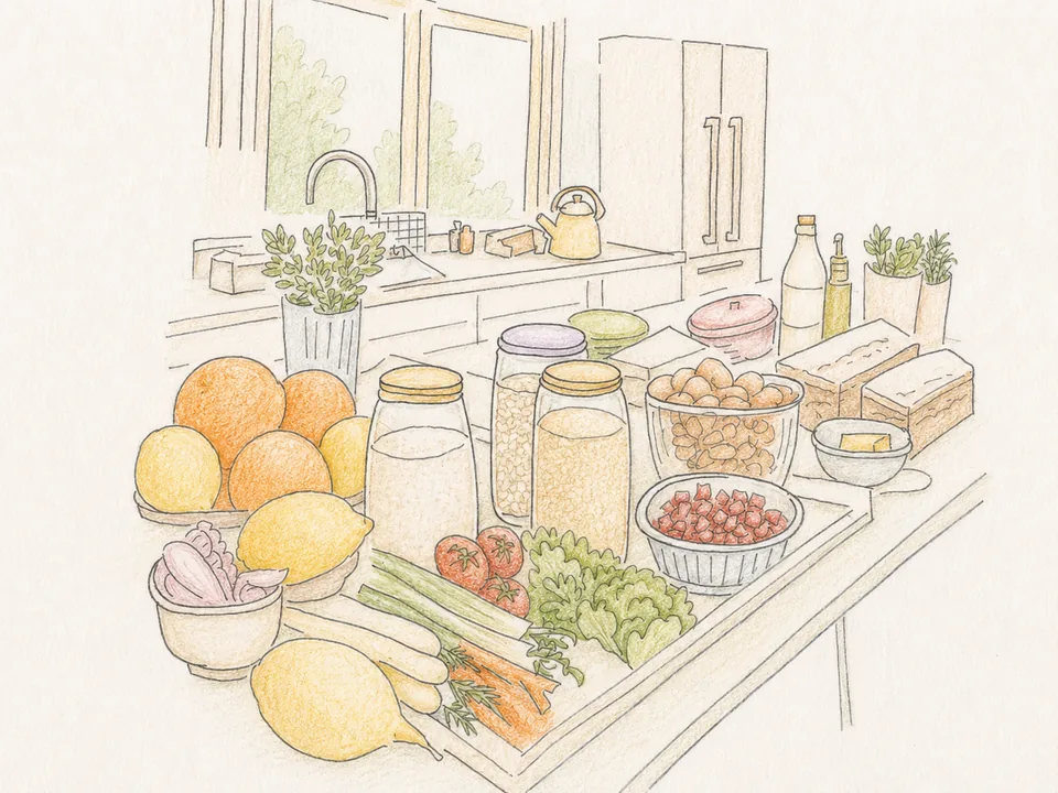 Ilustración de una cocina con las bases de la semana preparadas: tuppers, botes, fruta y verdura