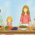 Ver: La familia del libro con la mesa llena de fruta, verdura, ensalada y pan