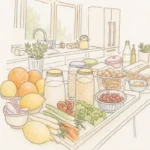Ver: Ilustración interior: cocina con las bases de la semana preparadas
